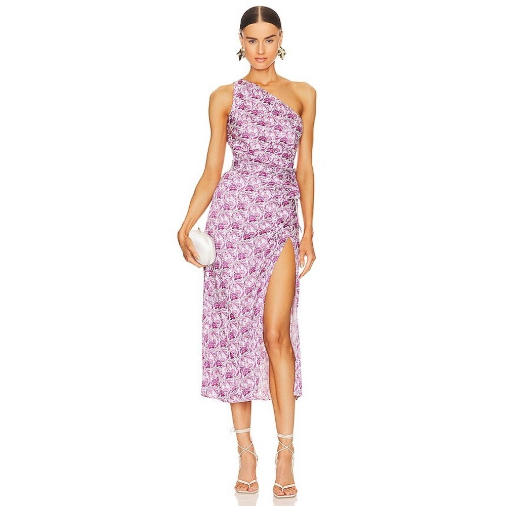 Cami NYC Nanu One Shoulder Dress Pink Purple Paisley Floral Ruched Midi Size 2